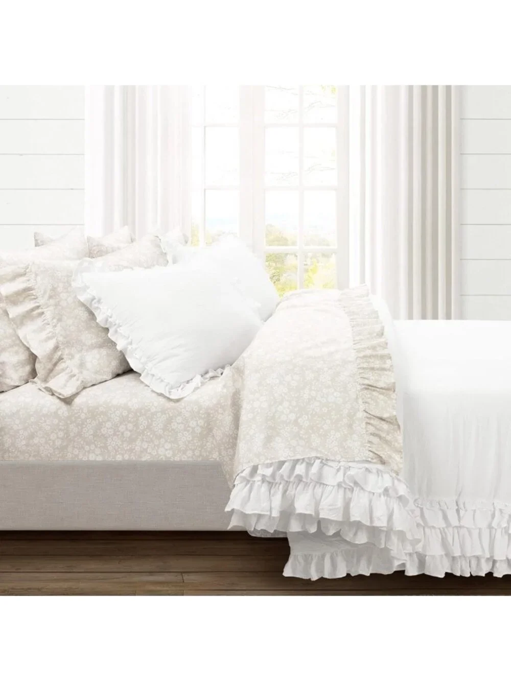 Floral Ruffle Twin XL Sheet Set - 4 Piece Neutral & White Bedding for Dorm Decor